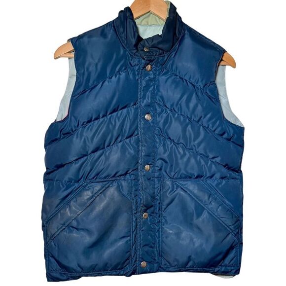 Vintage CAMEL Reversible Goose Down Puffer Vest Snap Light Blue Navy Men’s Small - Picture 4 of 5